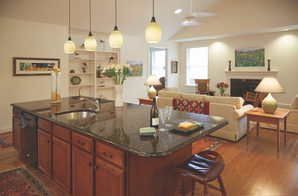 View of a kitchen island inside of a Carolina Meadows villa